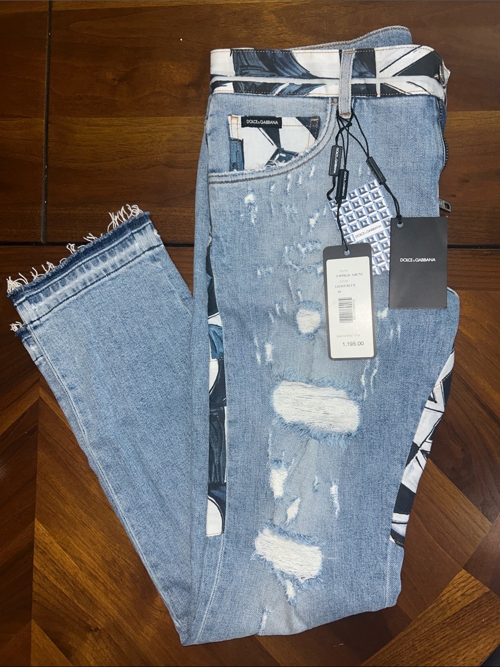 Dolce & Gabbana Light Blue Distressed Skinny Jeans with Patterned Insets NWT